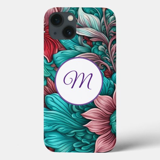 Monogram, cyaan blauw, rood, grillige bloemen Case-Mate iPhone case (Achterkant)