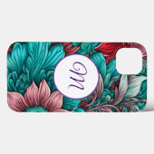 Monogram, cyaan blauw, rood, grillige bloemen Case-Mate iPhone case (Achterkant (horizontaal))