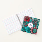 Monogram, cyaan blauw, rood, grillige bloemen notitieboek (Binnen)