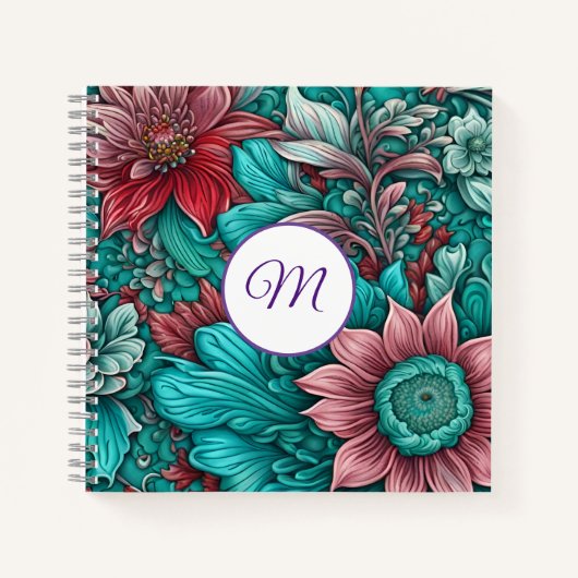 Monogram, cyaan blauw, rood, grillige bloemen notitieboek (Voorkant)