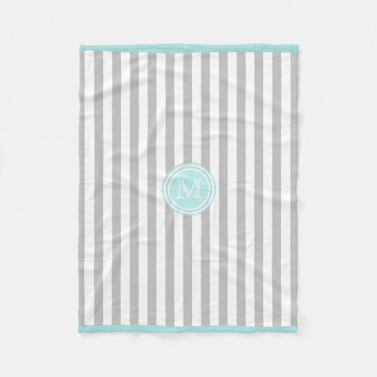 Monogram Cyaan Gray & White Striped Fleece Blanket Deken (Voorkant)
