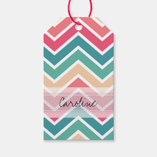 Monogram Cyaan Peach Reds Geometric Chevron Patter Cadeaulabel (Voorkant)