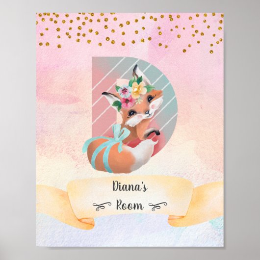 Monogram D Baby Fox Girl Pink Nursery Decor Poster (Voorkant)
