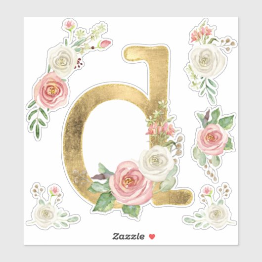 Monogram D Blush Roze Rose Bloemenblad Waterverf Sticker (Vel)
