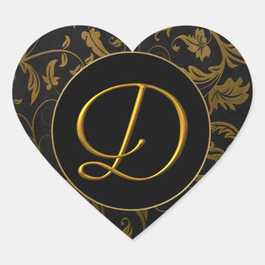 Monogram D Goud en Zwart Damast Bruiloft Seal Hart Sticker (Voorkant)