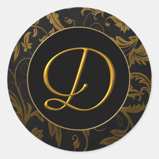 Monogram D Goud en Zwart Damast Bruiloft Seal Ronde Sticker (Voorkant)
