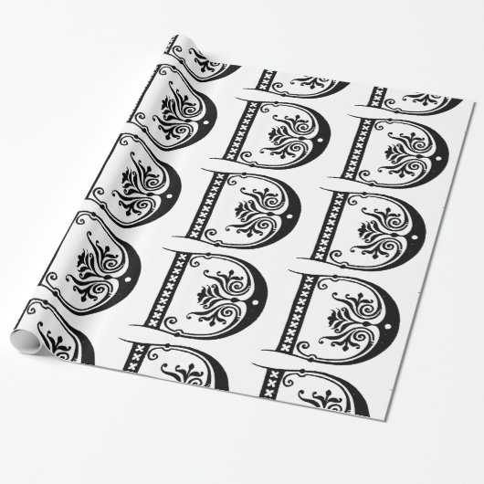 Monogram D Initiaal Black en White Floral Pattern Cadeaupapier (Uitgerold)