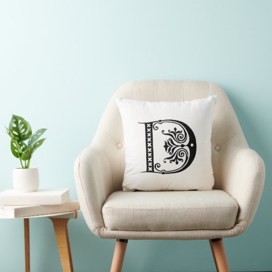 Monogram D Initiaal Black en White Floral Pattern Kussen (Stoel)