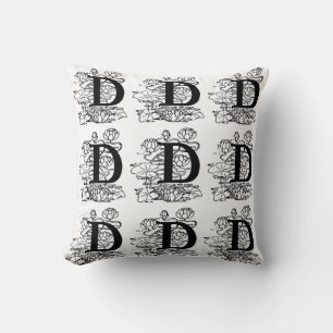Monogram D Initiaal Black en White Floral Pattern Kussen