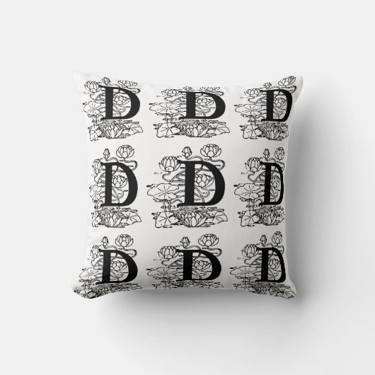 Monogram D Initiaal Black en White Floral Pattern Kussen (Voorkant)