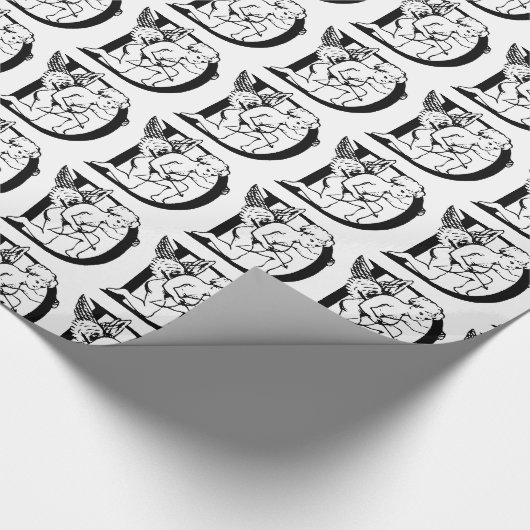 Monogram D Initiaal zwart-wit Cupid Patroon Cadeaupapier (Hoek)