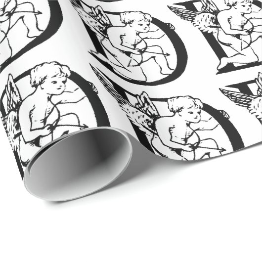 Monogram D Initiaal zwart-wit Cupid Patroon Cadeaupapier (Rol Hoek)