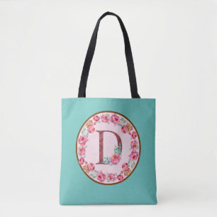 Monogram D Letter met Peony Flower Afbeelding Canv Tote Bag