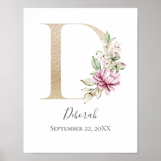 Monogram D Roze witte Floral Gold Letter Neursery Poster (Voorkant)