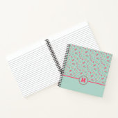 Monogram Dainty Pink Flowers Blauwgroen Notitieboek (Binnen)