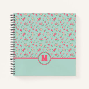 Monogram Dainty Pink Flowers Blauwgroen Notitieboek