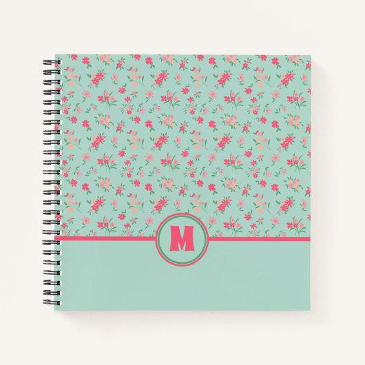 Monogram Dainty Pink Flowers Blauwgroen Notitieboek (Voorkant)