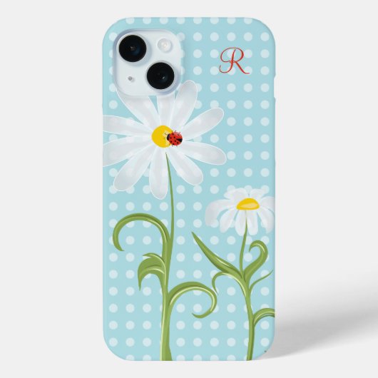 Monogram Daisies en Lady Bug Polka Dot Blue Case-Mate iPhone Case (Achterkant)