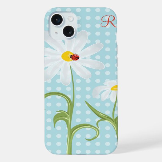 Monogram Daisies en Lady Bug Polka Dot Blue iPhone Hoesje (Achterkant)