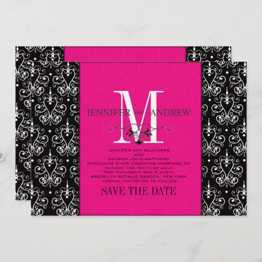 Monogram damascenering hete roze save-the-date save the date (Voorkant / Achterkant)