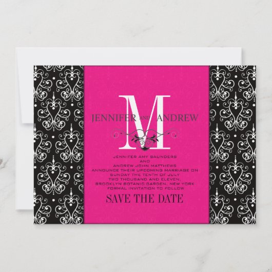 Monogram damascenering hete roze save-the-date save the date (Voorkant)