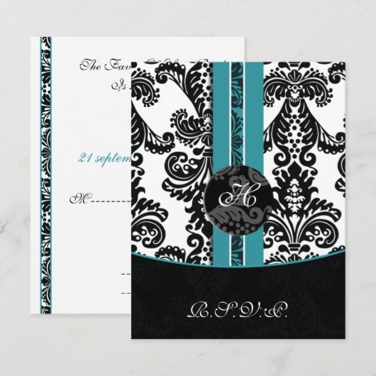 monogram damask aqua rsvp cards (Voorkant / Achterkant)