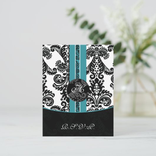 monogram damask aqua rsvp cards kaartje (Staand voorkant)