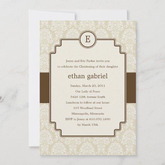 Monogram Damask Baptism/Christening Invite - Bruin Kaart (Voorkant)
