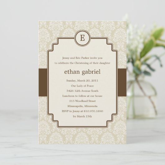 Monogram Damask Baptism/Christening Invite - Bruin Kaart (Staand voorkant)