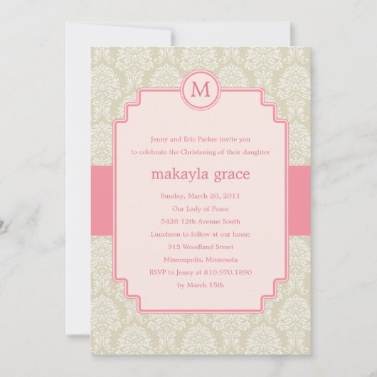 Monogram Damask Baptism/Christening Invite - Roze Kaart (Voorkant)