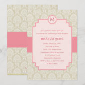 Monogram Damask Baptism/Christening Invite - Roze Kaart (Voorkant / Achterkant)