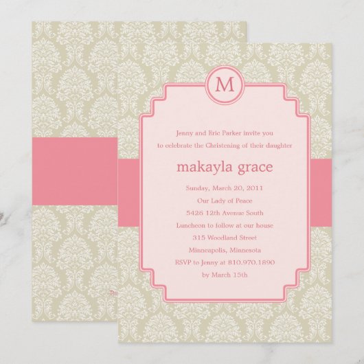 Monogram Damask Baptism/Christening Invite - Roze Kaart (Voorkant / Achterkant)
