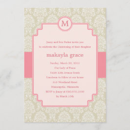 Monogram Damask Baptism/Christening Invite - Roze Kaart