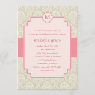 Monogram Damask Baptism/Christening Invite - Roze Kaart