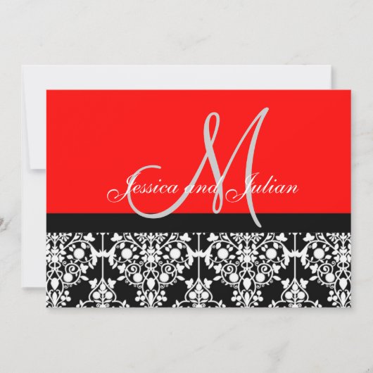 Monogram Damask Black en Red Invitation Kaart (Voorkant)