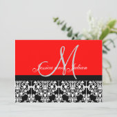 Monogram Damask Black en Red Invitation Kaart (Staand voorkant)