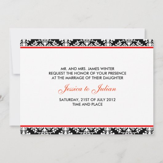 Monogram Damask Black en Red Invitation Kaart (Achterkant)