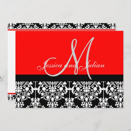 Monogram Damask Black en Red Invitation Kaart (Voorkant / Achterkant)