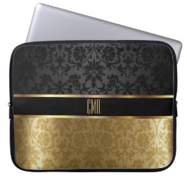 Monogram Damask Black met Gold Floral Laptop Sleeve