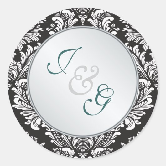 Monogram Damask Black White Wedding Ronde Sticker (Voorkant)