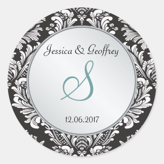 Monogram Damask Black White Wedding Sticker (Voorkant)