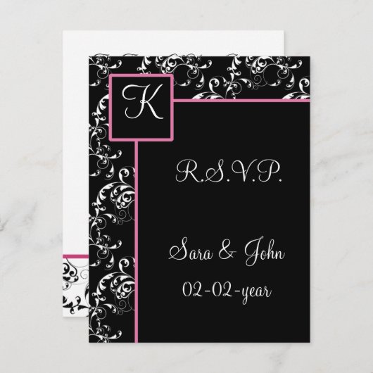 Monogram damask bruiloft R.S.V.P RSVP Kaartje (Voorkant / Achterkant)