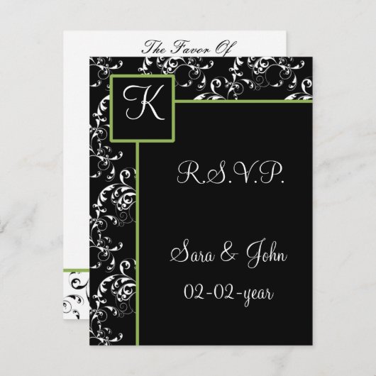 Monogram damask bruiloft R.S.V.P RSVP Kaartje (Voorkant / Achterkant)