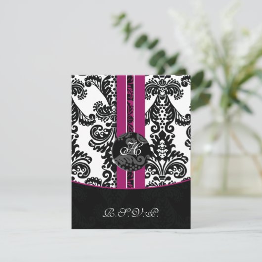 monogram damask fuchsia rsvp cards (Staand voorkant)