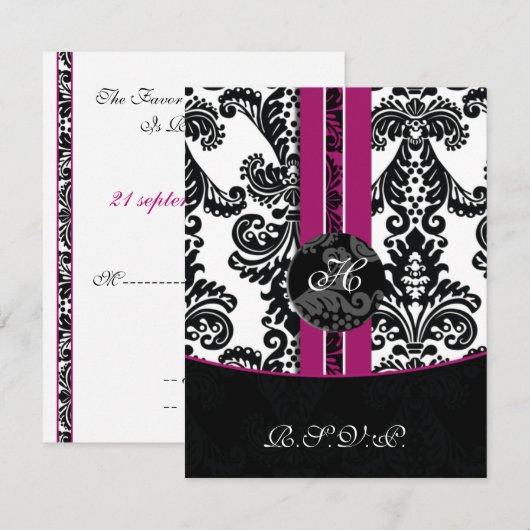 monogram damask fuchsia rsvp cards (Voorkant / Achterkant)