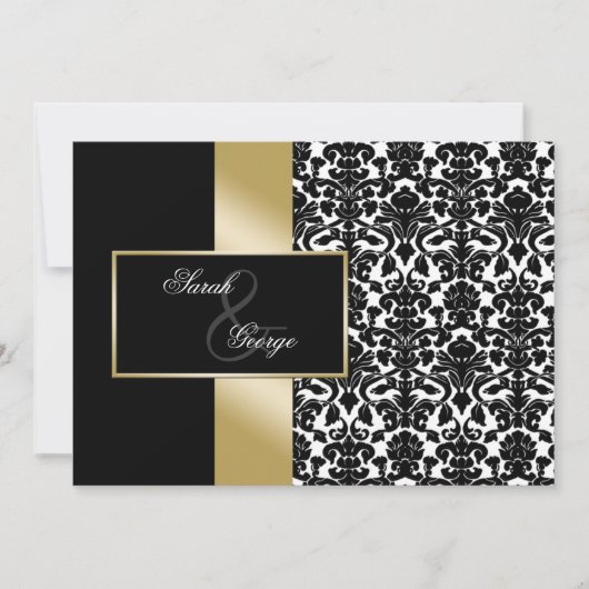 monogram damask goudbrutuitnodiging kaart (Voorkant)