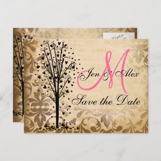 Monogram Damask Heart Tree Save the Date Cards Aankondigingskaart (Voorkant / Achterkant)