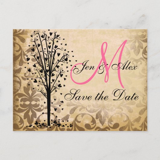 Monogram Damask Heart Tree Save the Date Cards Aankondigingskaart (Voorkant)