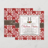 Monogram Damask Holly Berry kerstdiner Invit Kaart (Voorkant / Achterkant)