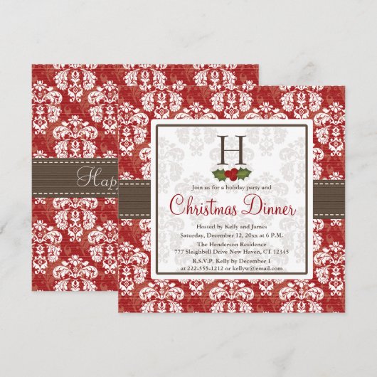Monogram Damask Holly Berry kerstdiner Invit Kaart (Voorkant / Achterkant)